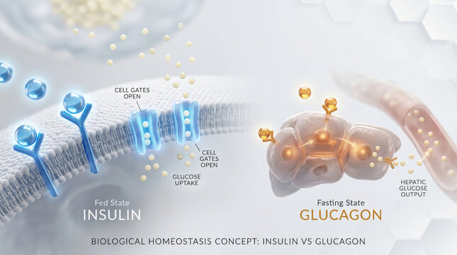 Insulin vs glucagon hormone concept on cell membrane, fed state insulin receptor with glucose uptake and fasting state glucagon receptor with hepatic glucose output medical illustration