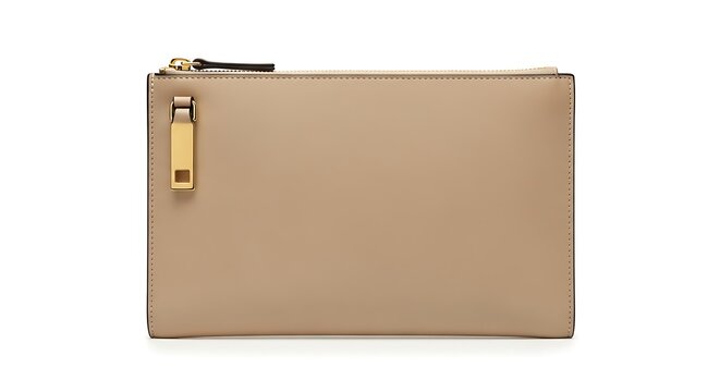 A beige leather clutch with a gold zipper and matching gold zipper pull