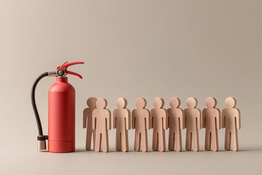 Red fire extinguisher stands beside line of wooden cutout human figures on neutral beige background