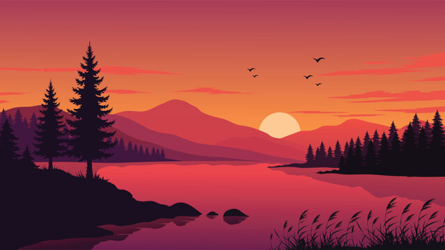 Beautiful sunset lake landscape vector illustration with mountain silhouettes and pine forest trees