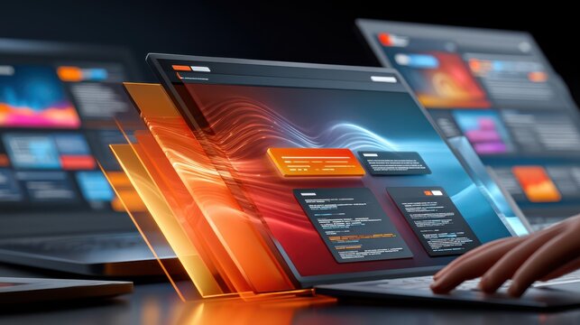 A futuristic laptop displaying dynamic, layered digital interfaces with code and data visuals, highlighting advanced technology and software development.