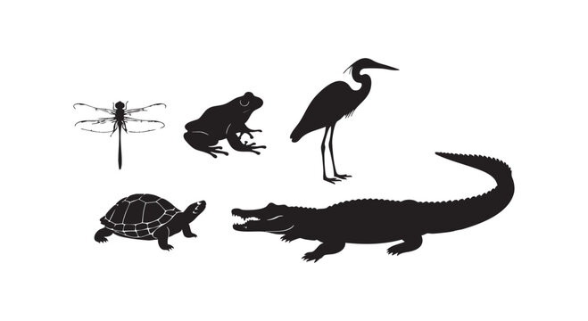 Wildlife animal silhouettes collection featuring a dragonfly frog heron turtle and alligator isolated on white background.