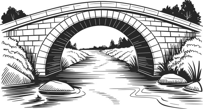 Vintage stone arch bridge illustration, historic river crossing with detailed masonry engraved landscape artwork