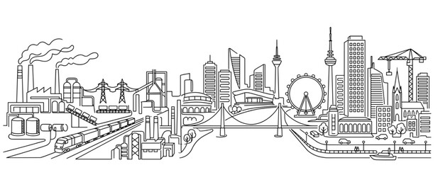 Naklejka premium Detailed city skyline with industrial buildings and urban infrastructure, continuous one line vector artwork