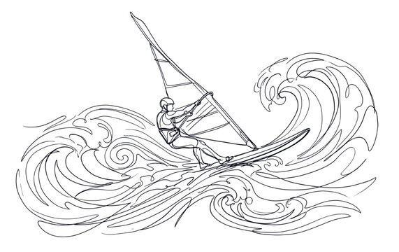 Dynamic sailing scene with windsurfer riding powerful ocean waves, hand drawn single line vector illustration