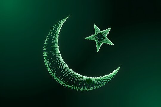 Green crescent moon and star symbol, Islamic emblem, glowing neon shape, dark background
