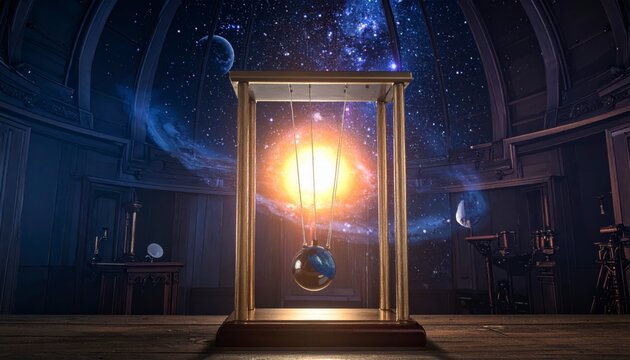 A cosmic pendulum clock with planet weights sits in an observatory with stars and a glowing sun, representing the passage of time across the universe in a widescreen cinematic banner.