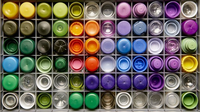 Medium shot of a sorting tray with caps and lids neatly arranged by type showcasing sharp focus on objects under bright macro lighting from a topdown angle in a precision recycling