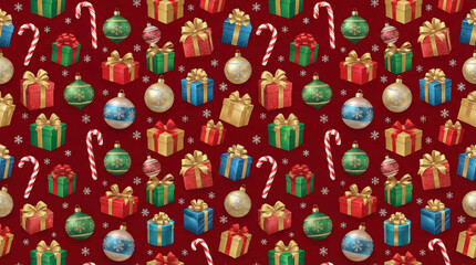Fototapeta premium Christmas ornaments and gift illustration set, Seamless festive pattern with candy canes, colorful gift boxes, ribbons, baubles, and tiny snowflakes on a red background
