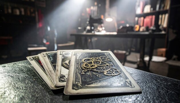 A fanned deck of custom designed steampunk playing cards, intricately detailed with gears and clockwork, resting on a dark table in a mysterious, dimly lit artisan workshop.