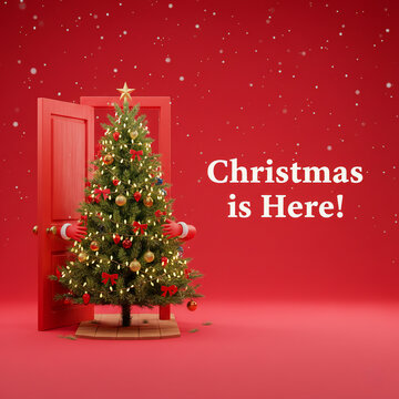 Christmas tree enters the door. Christmas is here concept on red background with copy space