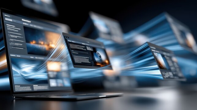 Multiple laptop screens with digital windows and data streams illustrate fast technology and information sharing in a futuristic digital environment.