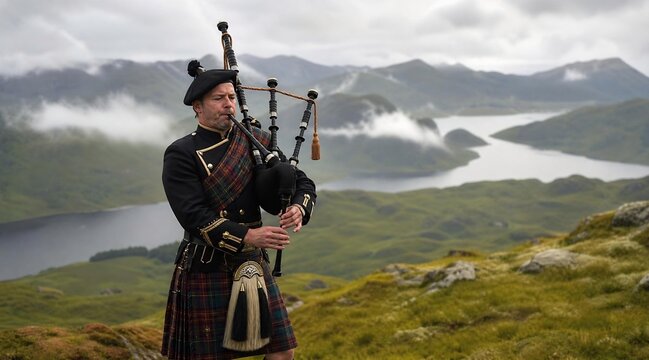 Scottish Bagpiper in Traditional Kilt Overlooking Highland Landscape