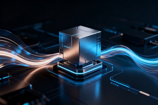 Futuristic cube with glowing light waves
