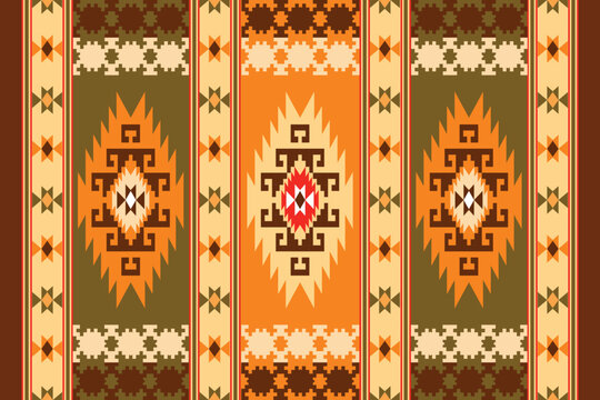 Rich autumnal southwestern pattern with vertical stripes and intricate ethnic diamond emblems. Suitable for traditional Mexican kilim rugs, native American fabric prints, and rustic winter home textil