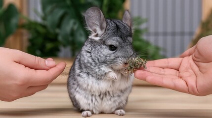 Naklejka premium Adorable Chinchilla Interacting with Human Hands