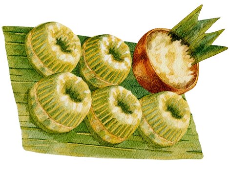 Detailed watercolor illustration of traditional Indonesian putu ayu cakes, featuring steamed green pandan sponge cakes with grated coconut topping. food asset is perfect for menu, recipe book designs.
