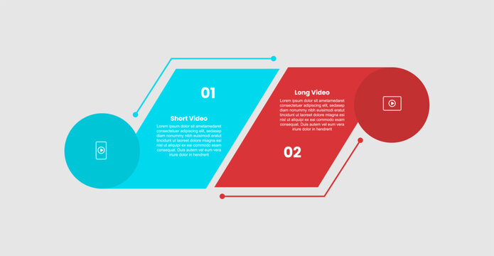 short vs long videos infographic template with slope or tilt skew vertical box with circle on sharp edge with 2 points comparison flat style