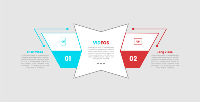 short vs long videos infographic template with shuriken star shape with sharp box behind with 2 points comparison flat style