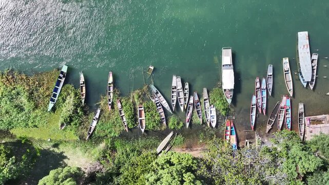 Canoes On River At Juazeiro In Bahia Brazil. Sao Francisco River. Fishing Village. Nature Skyline. Canoes On River At Juazeiro In Bahia Brazil. Riverside Boats.