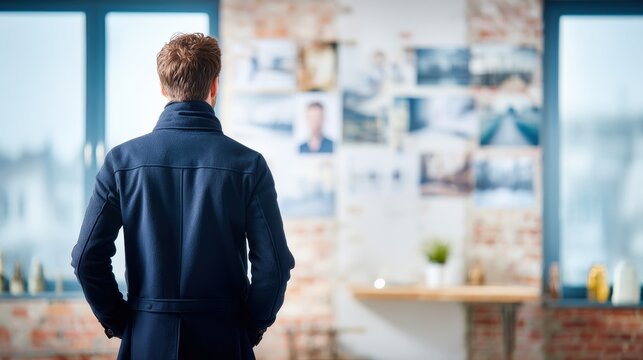 Casual male creative director contemplating ideas in a blurred open brick-wall studio filled with photographs.