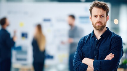 Fototapeta premium Male product manager standing with arms crossed in a tech office while colleagues discuss ideas at a whiteboard.