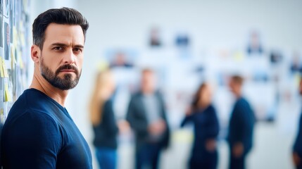 Fototapeta premium Male creative director observing team discussions in a modern agency workspace with a mood board in the background.