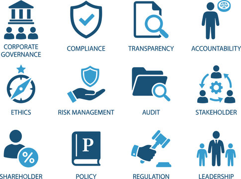 Corporate governance icon set, 12 business compliance and risk management symbols, blue professional ethics and regulation vector icons