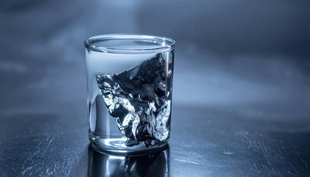Shimmering silvery liquid mercury contained within a small pristine glass beaker
