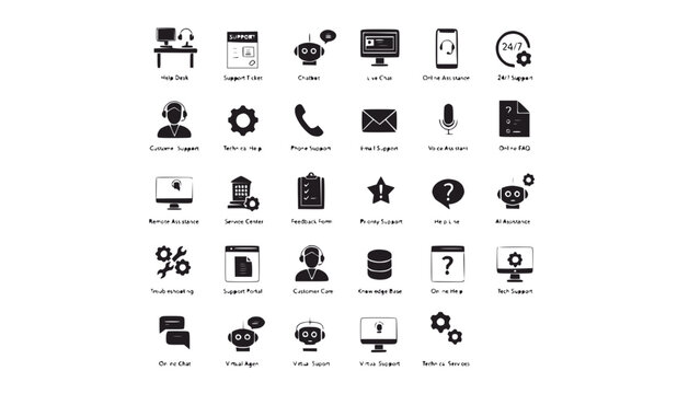 Customer Support Icons: Help Desk, Tech Support, Chatbot, Service, Assistance
