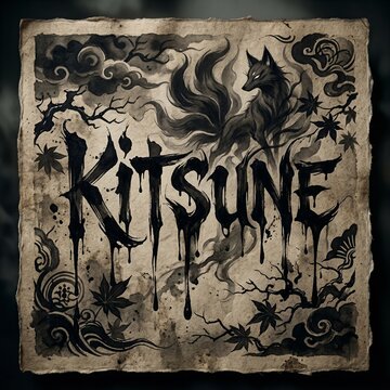 A mystical Kitsune creature surrounded by dark smoke and leaves on a worn parchment