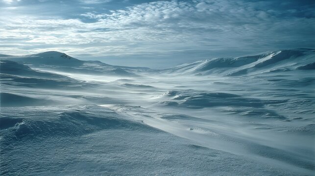 極地の風雪が刻んだ広大な雪原風景
Vast wind-shaped polar snowfield landscape under cold winter light