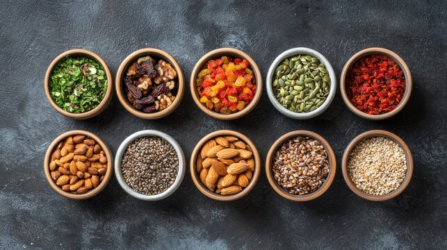A dark gray background displays eight small, round bowls filled with various dried nuts and seeds.