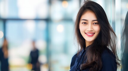 Fototapeta premium Smiling Asian female executive in a modern elevator with blurred cityscape background.