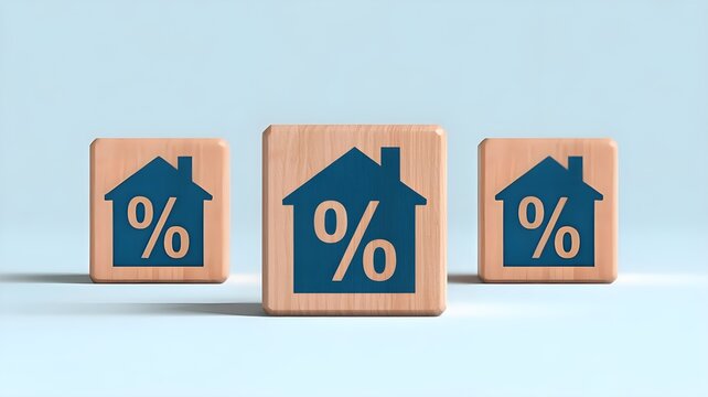 Three wooden blocks with house and percentage symbols on them arranged in a row on a light blue background