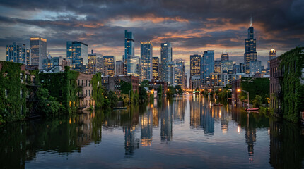Naklejka premium Modern city skyline reflecting on river at sunset | Urban waterfront with high-rise buildings | Downtown cityscape with water reflections and dramatic sky