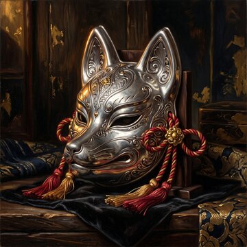 A kitsune demon mask sits on a table in a dark room