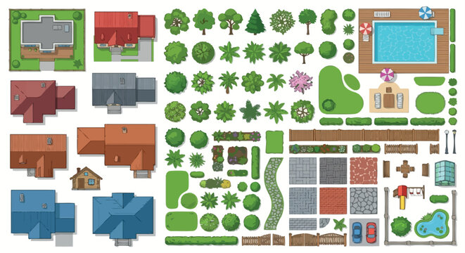 top view building elements vector houses trees