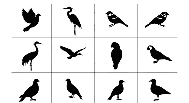 Collection of black silhouette bird icons including herons parrots penguins and various songbirds arranged in a grid on a white background ideal for wildlife nature