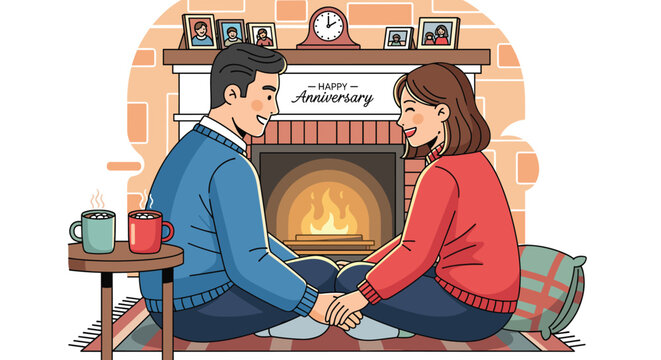 Man and woman sit on a rug by a brick fireplace in a cozy room while celebrating their anniversary with hot mugs of cocoa and holding hands.