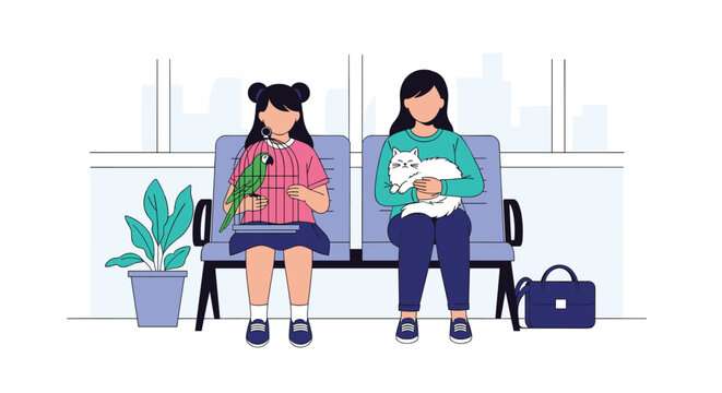 Young girl with a parrot in a cage and a woman with a cat wait patiently in a clinic lobby for their veterinary appointment to begin.