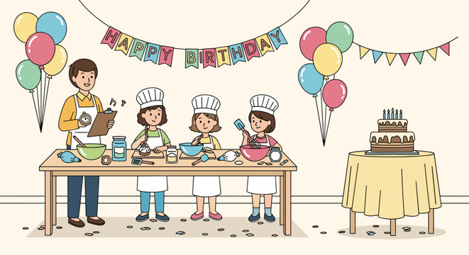 Young children wearing chef hats and aprons participating in a fun baking class celebration for a birthday party.