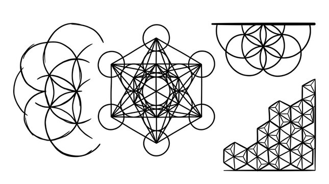  Four Minimalist Geometric Sacred Geometry Line-Art Illustrations &ndash; Corner Flower of Life, Full Metatron's Cube, Semicircular Seed of Life, and Right-Angle Hexagon