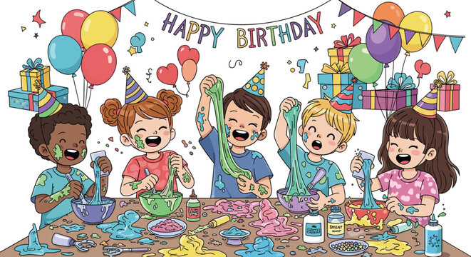 Group of excited children have fun making colorful green and blue slime at a messy birthday party table with decorations and balloons.