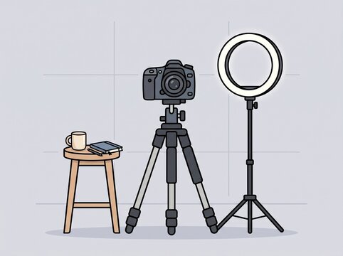 Vlogging studio setup vector illustration with DSLR camera, tripod, and ring light for content creation blogs, video production, online courses, and influencer social media posts.