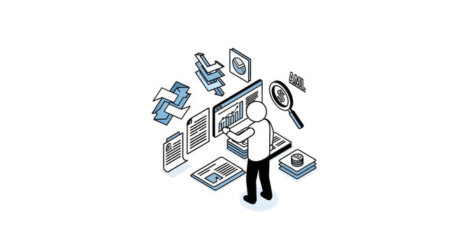 Isometric digital forensic investigation and cybersecurity concept illustration.