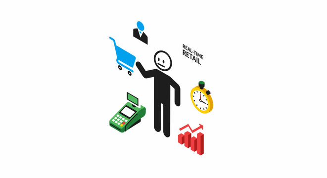 Isometric character showing online shopping and payment concepts.