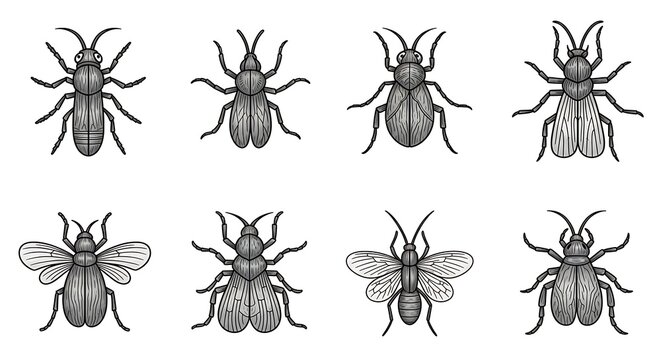 Insects Beetles Flies Illustration Set.