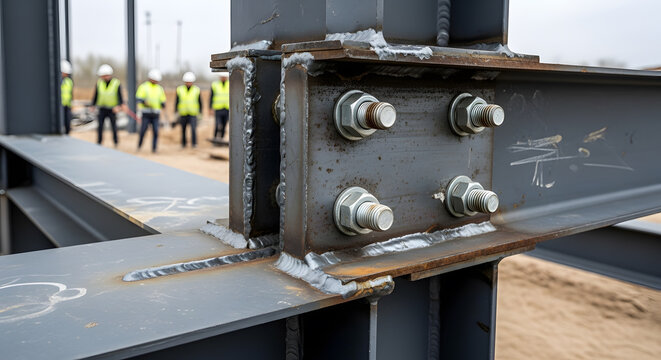Heavy duty bolted and welded steel beam joint at construction site