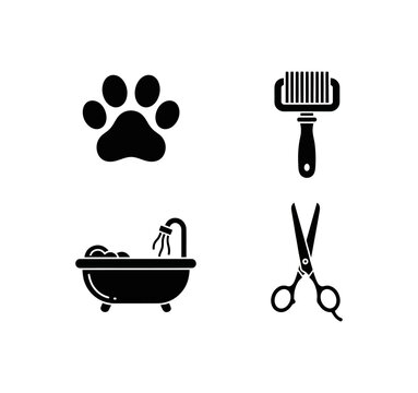 Collection of grooming tools and pet care essentials Paw print, bathtub, comb, and scissors